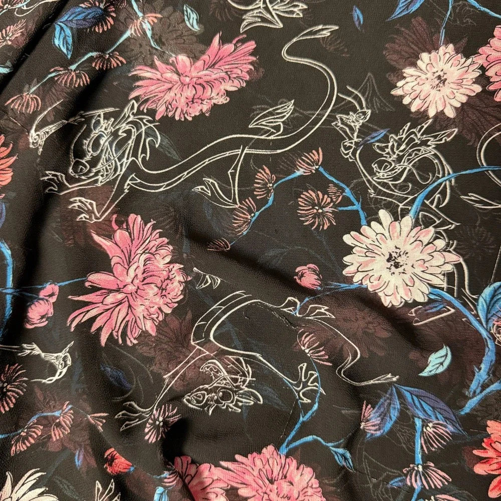 Disney Plus Size 2X Mulan Mushu Floral Kimono Cardigan Wrap Black Pink Chiffon